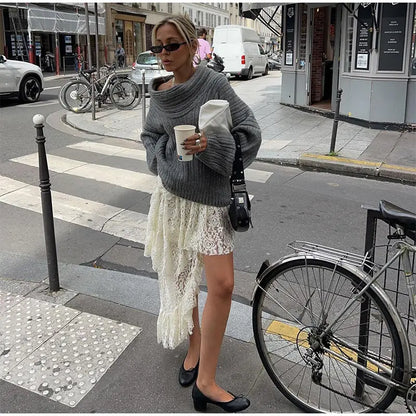 Elegant Solid Slash Neck Thick Knitted Tops Women Casual Long Sleeve Loose Warm Pullover Female Fashion High Street Sweater