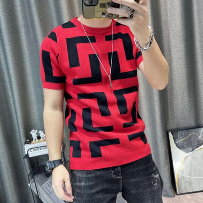 3 Color Short Sleeve Knitting T-Shirt Men Slim Streetwear Color Contrast T Shirt Men