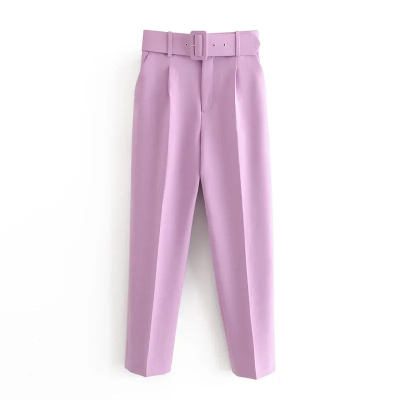 2005 New Spring Fall Solid Color High-waisted Straight Career Commuter  Pants Women's, Multi-color Casual Female Pants with Belt