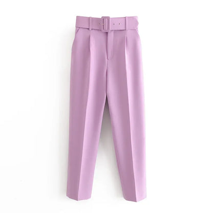 2005 New Spring Fall Solid Color High-waisted Straight Career Commuter  Pants Women's, Multi-color Casual Female Pants with Belt