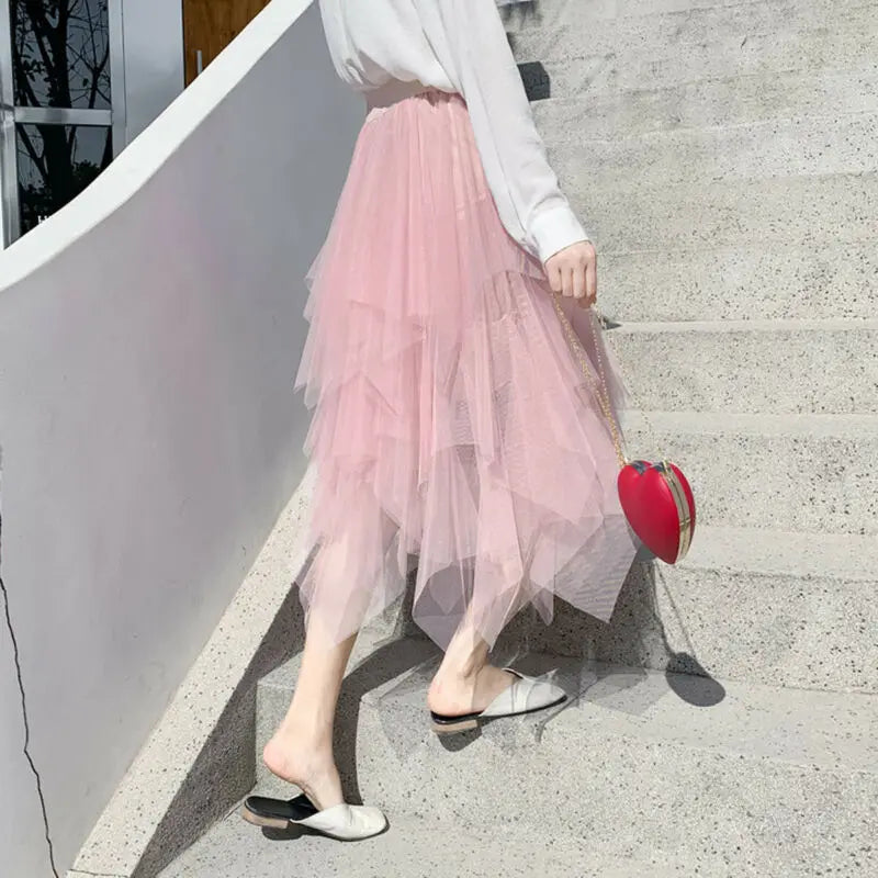 Sensual Pleats and Mesh Elegance Women's Ruffled Irregular Fashion Midi Skirts – Korean-inspired Elastic High Waist Tulle Tutu Skirt