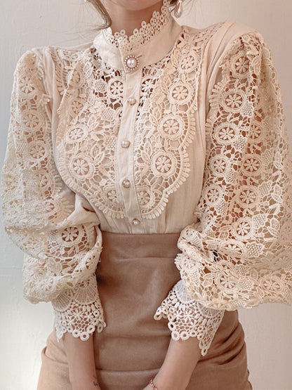 Lace Patchwork Hollow Out Shirt Blouse Long Sleeve O-Neck Mesh Tops 2023