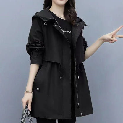  Women's Mid-length Trench Coat Hooded Zipper, British Style Loose Coats.