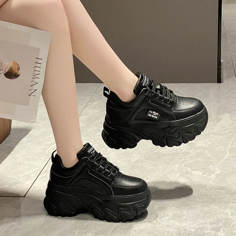 Chunky Sneakers Women's Spring & Autumn Fashion with Thick Bottom, White & Black PU Leather Platform Dad Shoes for Ladies