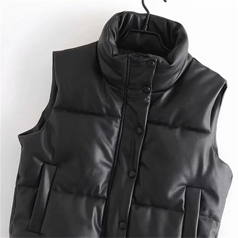 Fashion Streetwear Women Puffy Vest, Winter Thick Parkas Jacket, Black PU Female Coats, Faux Leather Down Waistcoat, Loose Lady Vest, Streetwear Fashion, Winter Outerwear