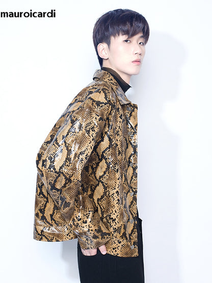 Spring Autumn Loose Cool Shiny Colorful Snakeskin Print Pu Leather Jacket Men Luxury Designer Clothes Streeetwear