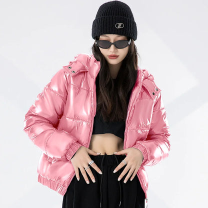 Hooded Coat Female Fashion Trends Leisure Bright Face Short Versatile Winter Cotton Padded Jacket