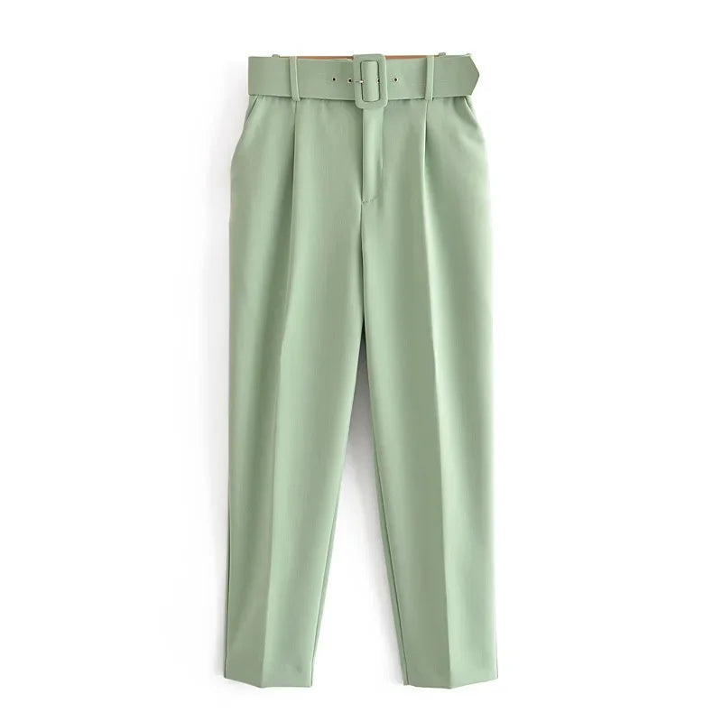 2005 New Spring Fall Solid Color High-waisted Straight Career Commuter  Pants Women's, Multi-color Casual Female Pants with Belt