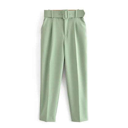2005 New Spring Fall Solid Color High-waisted Straight Career Commuter  Pants Women's, Multi-color Casual Female Pants with Belt