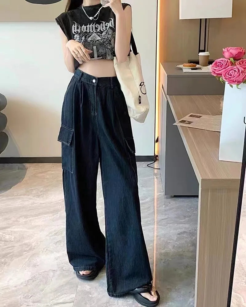 Autumn Women Harajuku Cargo Baggy Blue Jeans Streetwear Hip Hop Oversize Casual Wide Leg Vintage Demin Pants Y2k Loose Trousers