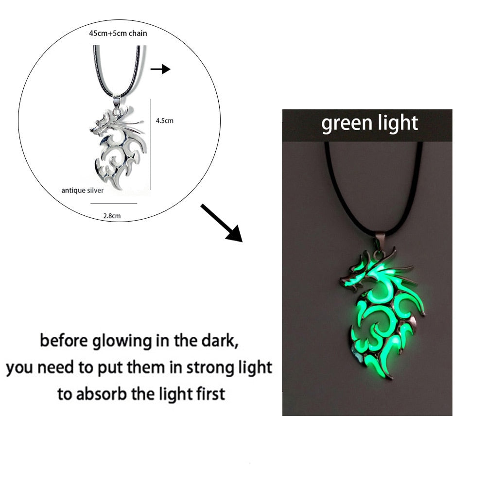 Luminous Dragon Necklace Glowing Night Fluorescence Antique Harajuku Style Silver Plated Glow In The Dark Necklace for Men Women Party Hallowen