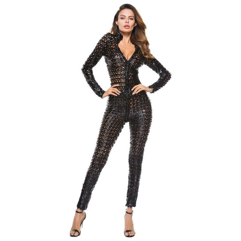 Women Sexy Shiny Zipper Open Crotch Leather Catsuit - Daring Bodysuit for Seductive Appeal dress