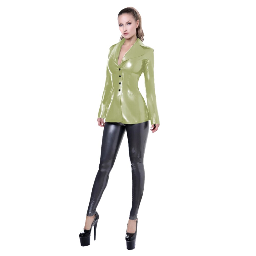  Fashion Buttons Shiny PVC Suit Jacket for Women  Sexy Faux Leather Coat Dress