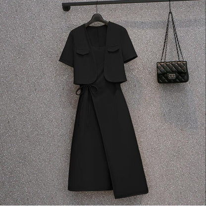 Women Dress Suit 2023 Summer New Fashion Short Coat Irregular Midi Suspender Skirt Two-piece Korean Elegant All-match Set