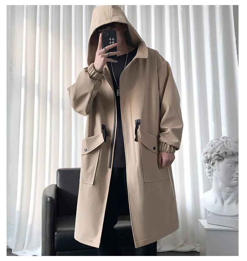 Streetwear Spring Autumn Hooded Trench Coats Men Fashion Windbreaker Long Men's Jacket