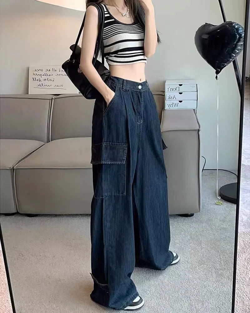 Autumn Women Harajuku Cargo Baggy Blue Jeans Streetwear Hip Hop Oversize Casual Wide Leg Vintage Demin Pants Y2k Loose Trousers