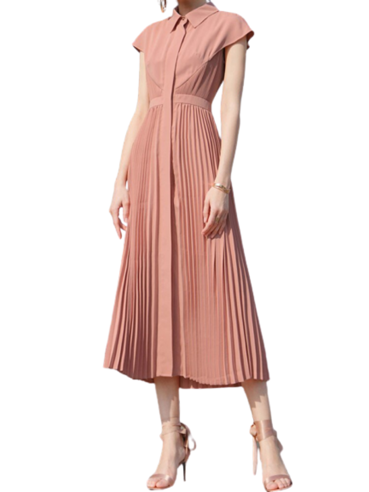 Spring Summer Turn-down Collar Women Pleated Dress Short Sleeve Single-breasted Slim Waist Female A-line Dress vestidos