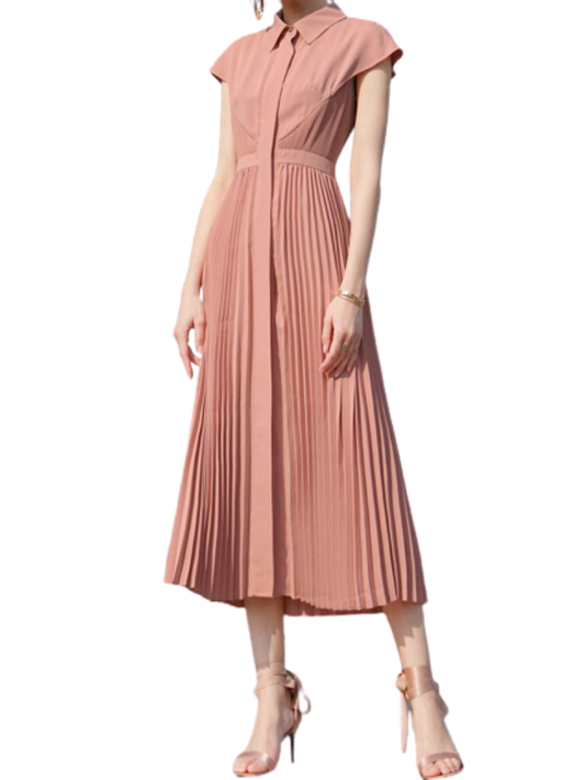 Spring Summer Turn-down Collar Women Pleated Dress Short Sleeve Single-breasted Slim Waist Female A-line Dress vestidos