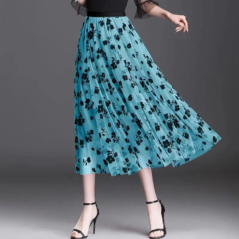 Mid-length All-match High-waist Slimming Flocking Floral Mesh Long Gauze Skirts