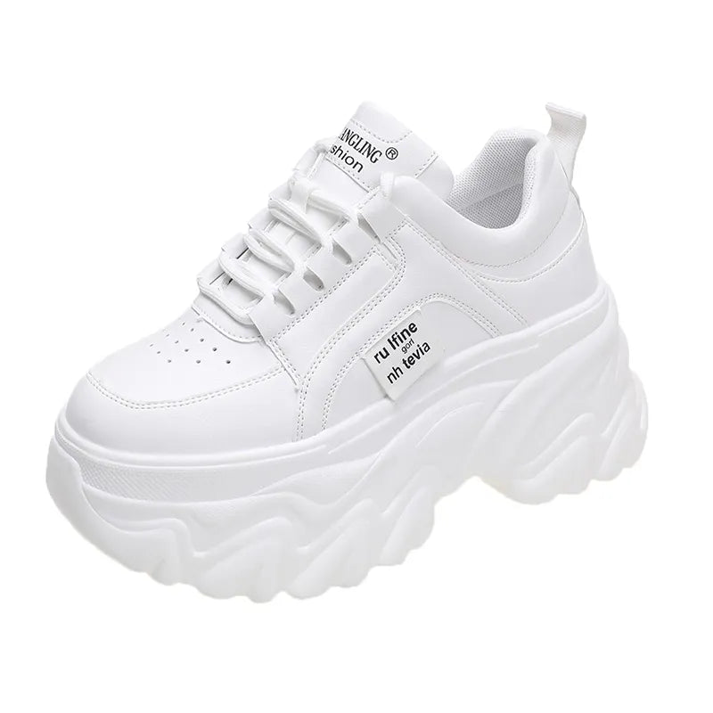 Chunky Sneakers Women's Spring & Autumn Fashion with Thick Bottom, White & Black PU Leather Platform Dad Shoes for Ladies