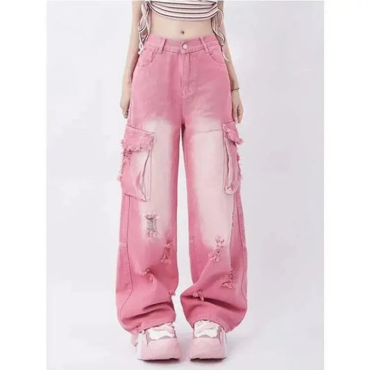 Dopamine wears American sweet and spicy style ripped pink jeans for women