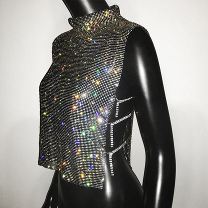 Sexy Rhinestone Glitter Turtleneck T-Shirt Women Backless Party Crop Top Adjustable Metal Chain Diamond Tank Top Summer Nightclub 2025