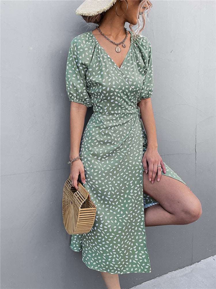 Boho Fashion A-line Split Casual Women Chiffon thigh-high split Dress V Neck Side Wrap Midi Dress Summer Polka Dot Dresses Female Puff Sleeve