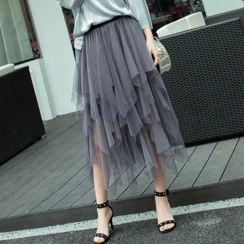 Sensual Pleats and Mesh Elegance Women's Ruffled Irregular Fashion Midi Skirts