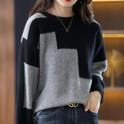 New Loose Color Blocking Striped Sweaters for Autumn Winter Classic Office Style Knitted with O-Neck Collar and Long Sleeves to Keep You Warm