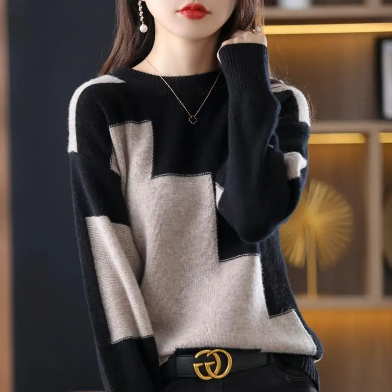 New Loose Color Blocking Striped Sweaters for Autumn Winter Classic Office Style Knitted with O-Neck Collar and Long Sleeves to Keep You Warm