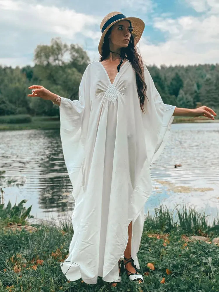 Solid V-neck Batwing Sleeve Plus Size Kaftan Loose Maxi Dopamine Dresses Women Summer Beachwear Bathing Robe Soft House Dress