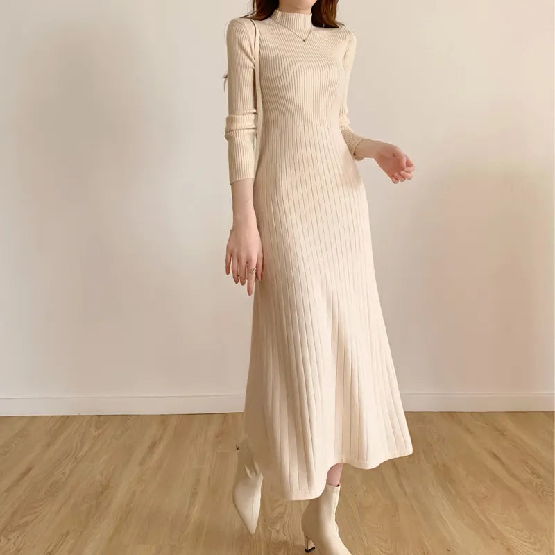 Autumn Winter Slim Long Sleeve Party Midi Dress for Women Knitted Half High Collar Elegant Knitted Sweater Dresses Ladies