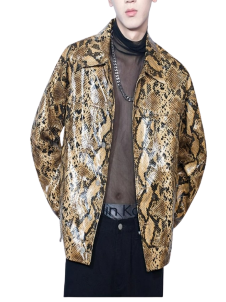 Spring Autumn Loose Cool Shiny Colorful Snakeskin Print Pu Leather Jacket Men Luxury Designer Clothes Streeetwear