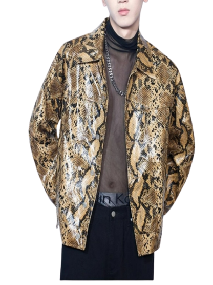 Spring Autumn Loose Cool Shiny Colorful Snakeskin Print Pu Leather Jacket Men Luxury Designer Clothes Streeetwear