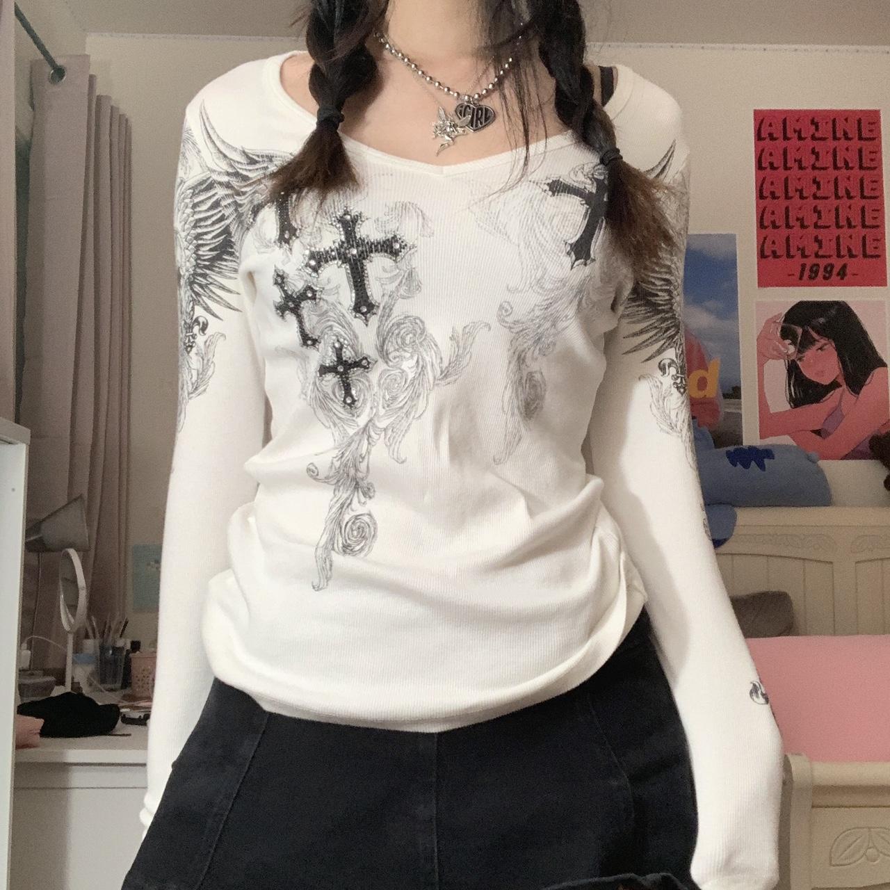 Floral Crop Tops Ribbed Knitted Grunge Fairycore T-Shirt | White Frill Long Sleeve | Kawaii Autumn Sweet Tee | Women's Fashion