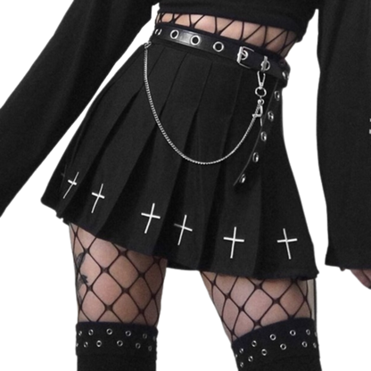 Black High Waist Mini Skirts  Gothic Streetwear Style with Punk Pleated Vintage Skirt, Cross Print, and Lolita Harajuku Vibes for Women