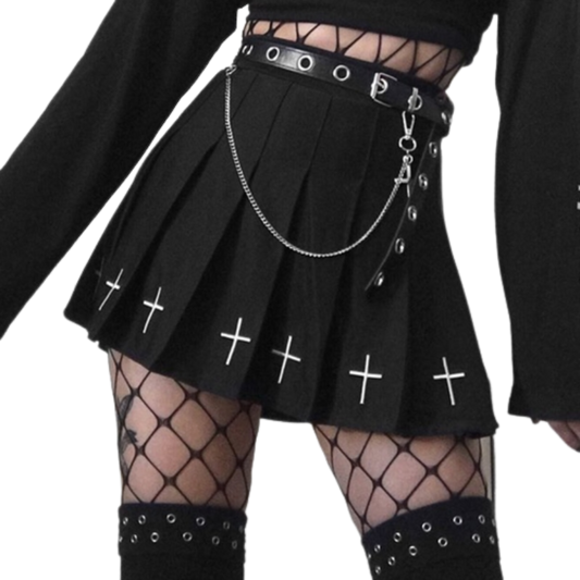 Black High Waist Mini Skirts  Gothic Streetwear Style with Punk Pleated Vintage Skirt, Cross Print, and Lolita Harajuku Vibes for Women