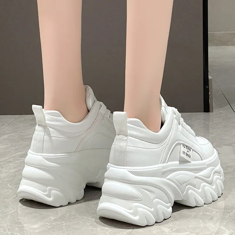 Chunky Sneakers Women's Spring & Autumn Fashion with Thick Bottom, White & Black PU Leather Platform Dad Shoes for Ladies