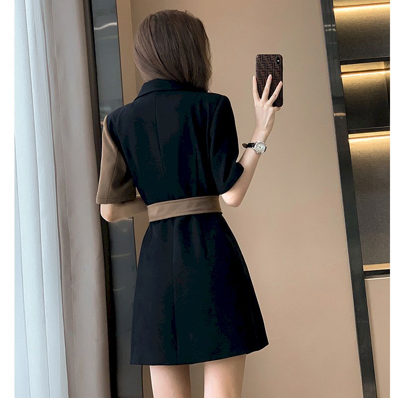 Summer Fashion Short Sleeve Blazer Dresses Women 2023 New French Suit Dress Womens Niche Design Mini Skirts Splicing Belt Dress