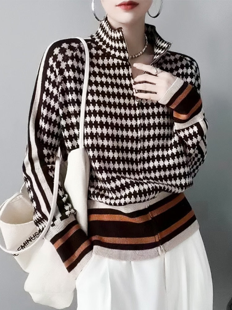 Winter Women's Turtleneck Sweater - Retro Contrast Color Cardigan, Warm Pullover, Elegant Top