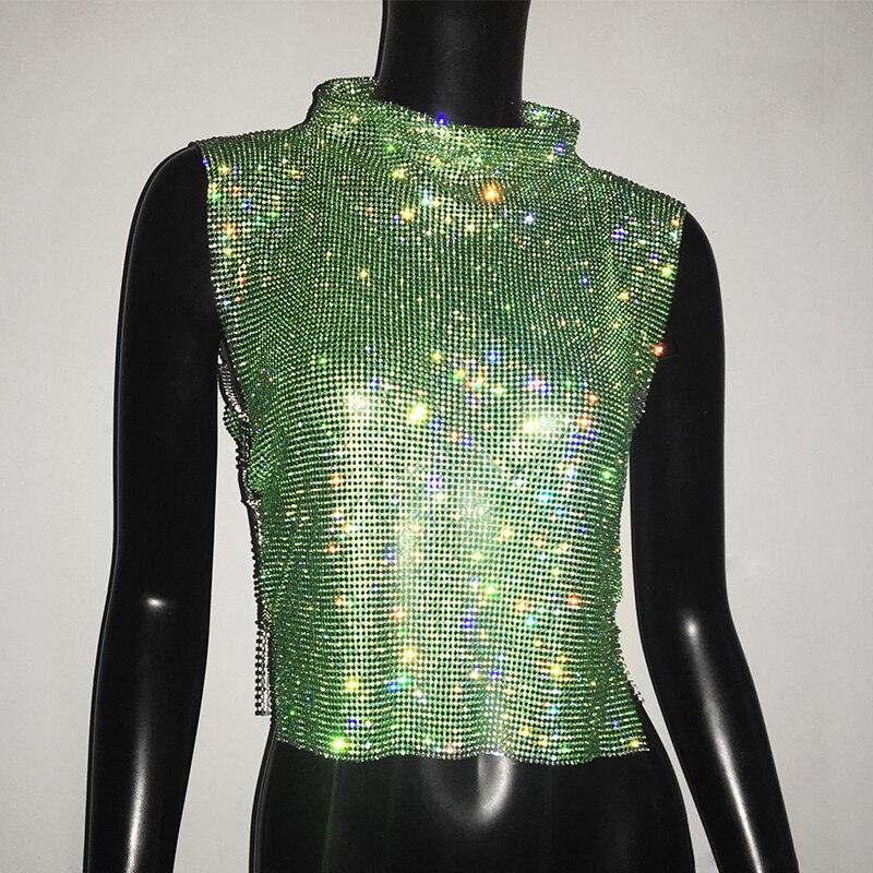 Sexy Rhinestone Glitter Turtleneck T-Shirt Women Backless Party Crop Top  Adjustable Metal Chain Diamond Tank Top Summer Nightclub