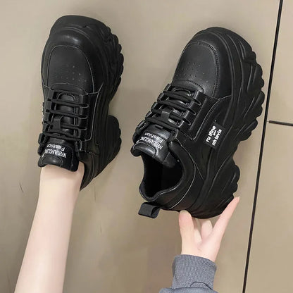 Chunky Sneakers Women's Spring & Autumn Fashion with Thick Bottom, White & Black PU Leather Platform Dad Shoes for Ladies