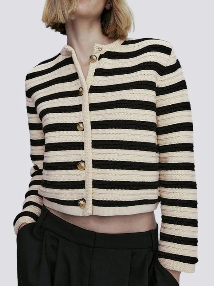 Chic Office Ladies Cardigan Casual Striped O-Neck Outerwear with Long Sleeves and Single-Breasted Design, Perfect for Autumn and Winter Fashion