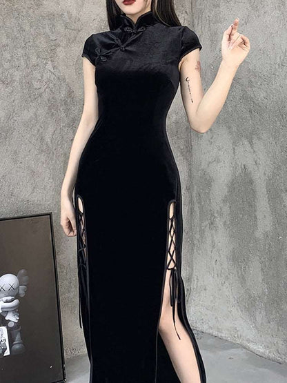 Black SlitHem Bodycon Goth Style Dark Romantic Sexy Evening Dress