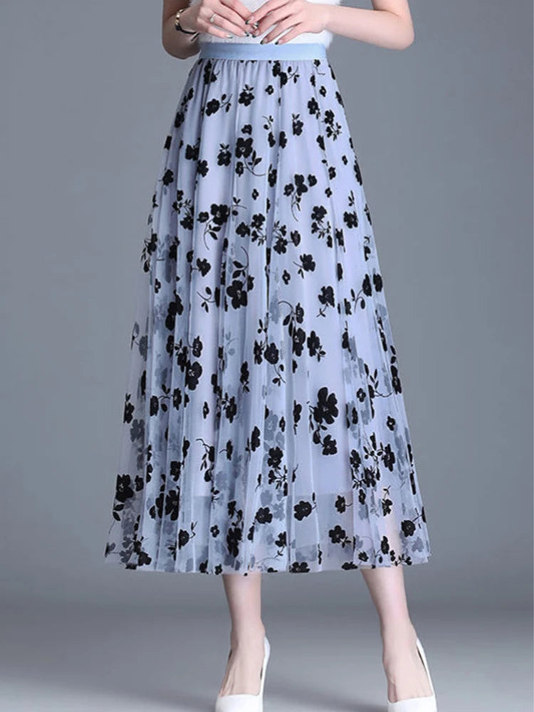 Mid-length All-match High-waist Slimming Flocking Floral Mesh Long Gauze Skirts