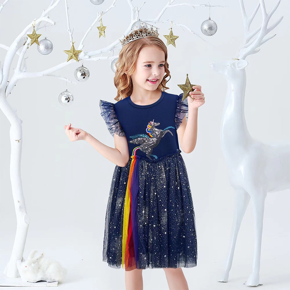 Girls Clothes for Summer Princess Dresses Kids Flare Sleeve Unicorn Print Dress Girls Party Dresses