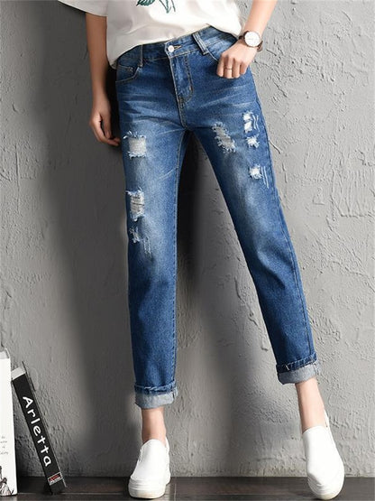 Trendy and Sexy  Women Fashion Mid Waist Boyfriend Big Ripped Hole Jeans - Casual High Street Denim Pants for Vintage Style