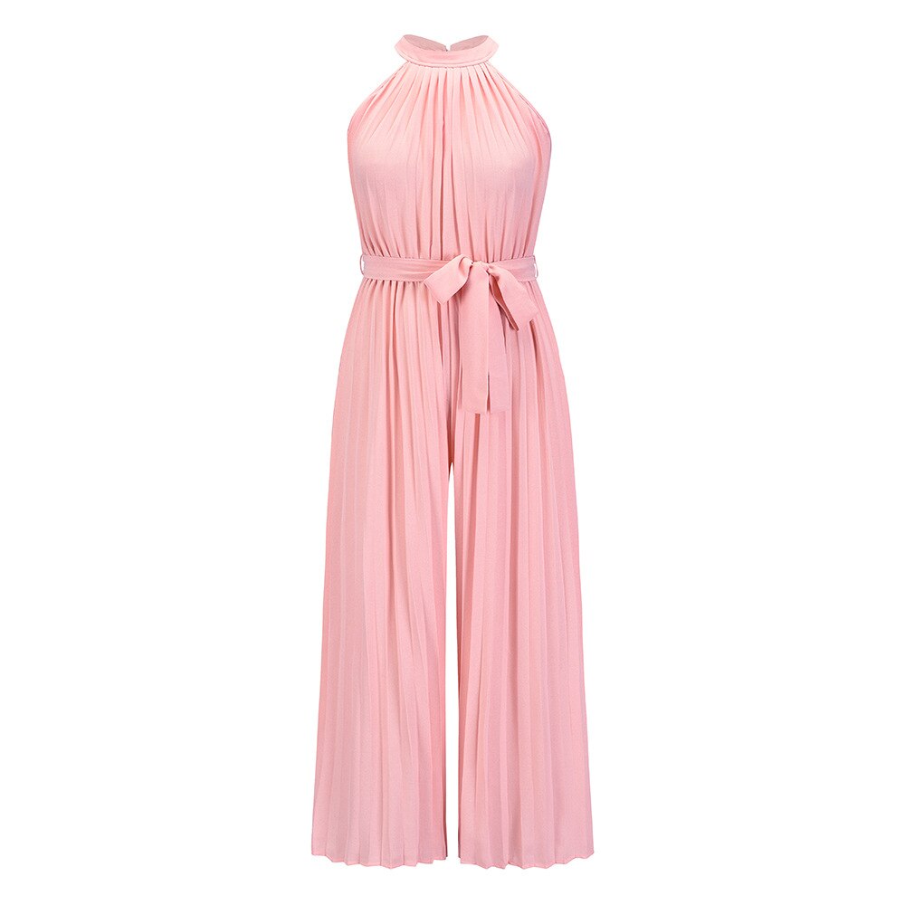 Solid Color Pleated Ruched Party Jumpsuit Women Elegant Halter Summer Autumn Sleeveless Office Playsuit  Wide Leg Pants Rompers