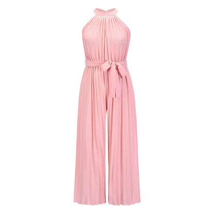 Solid Color Pleated Ruched Party Jumpsuit Women Elegant Halter Summer Autumn Sleeveless Office Playsuit  Wide Leg Pants Rompers