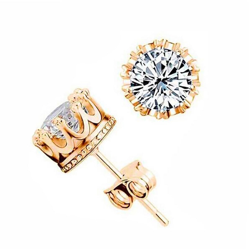 Fashion Jewelry Crown Women Classic Shining Zircon Small Stud Earrings Gold Color Ears Stud For Men Crystal Earrings WE132